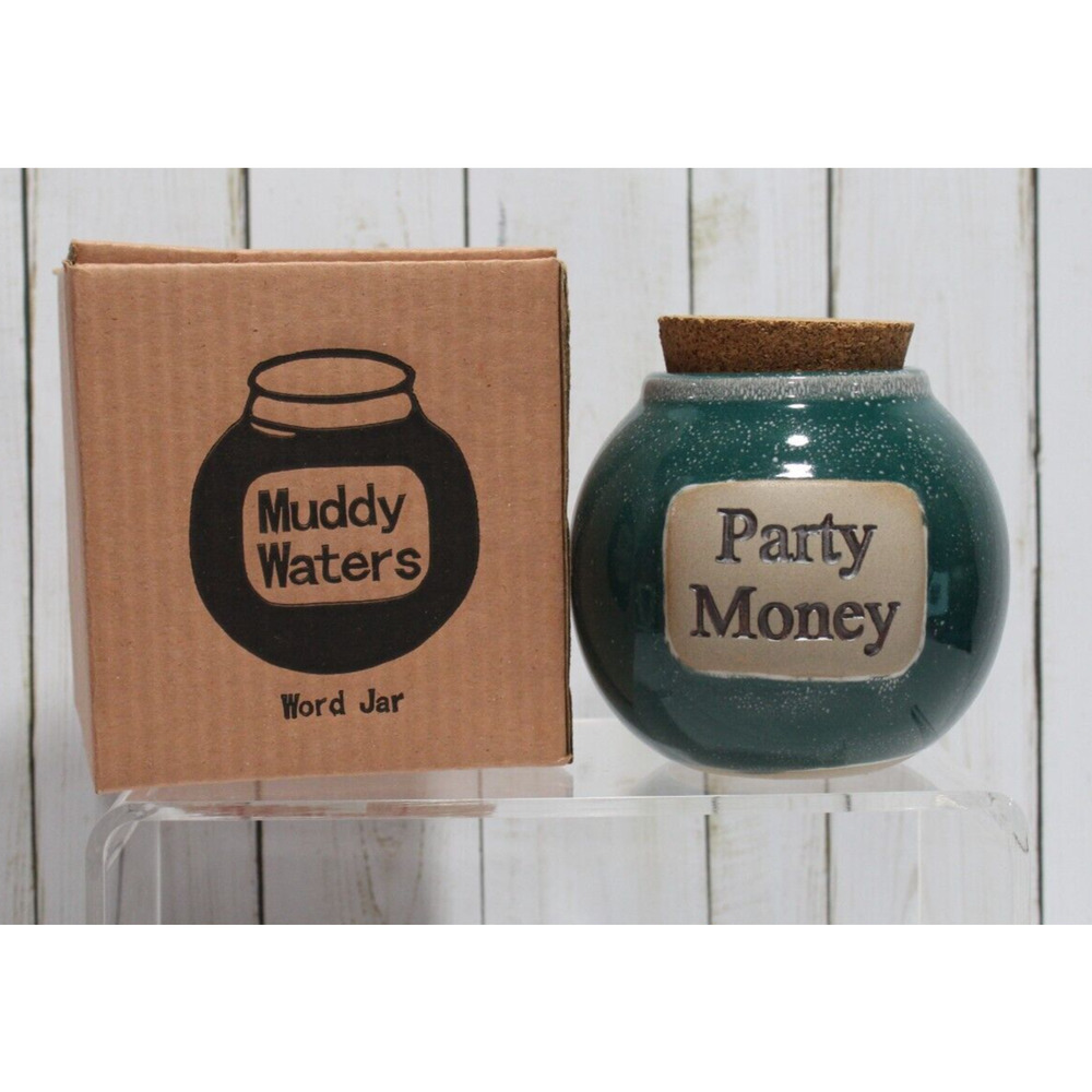 Muddy Waters Pottery Word Jar - Party Money - Green w/cork Top Handmade - New